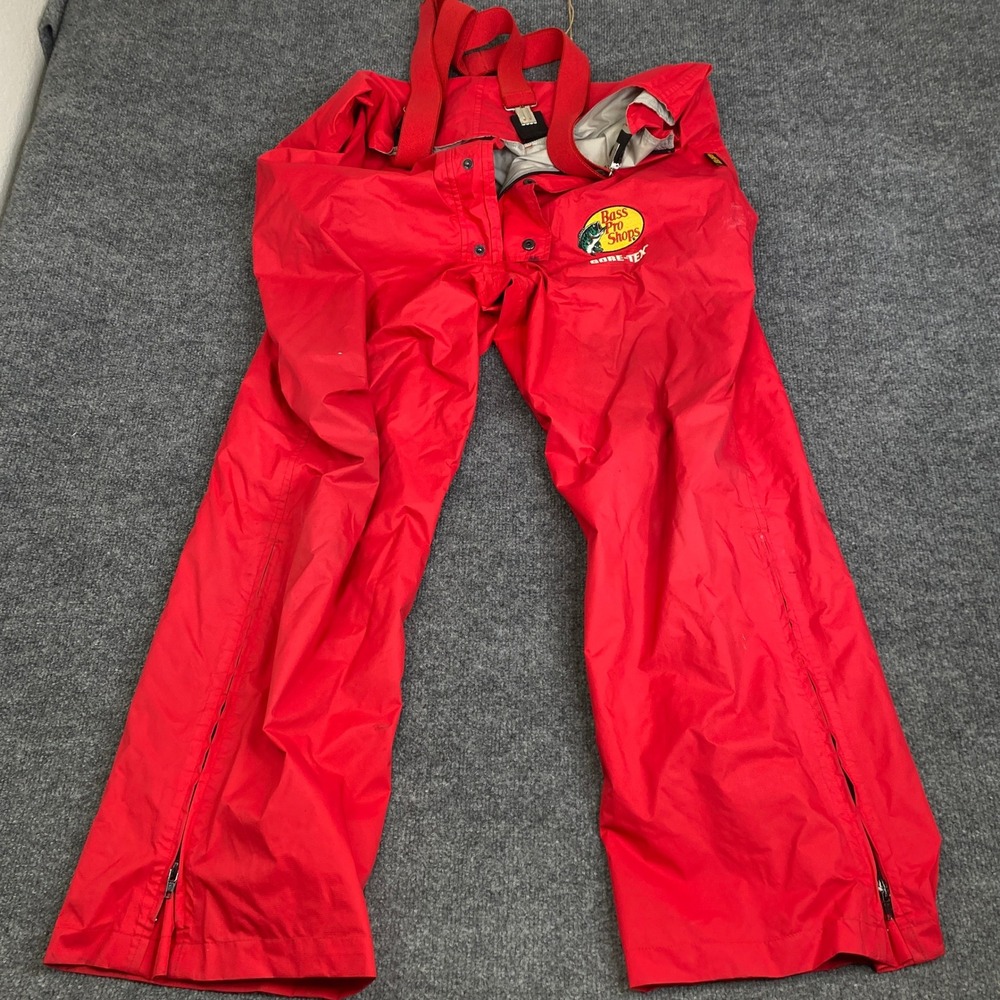 Bass Pro Shops Gore-Tex Rain Bibs Mens Red Waterproof Fishing Pants Suspenders